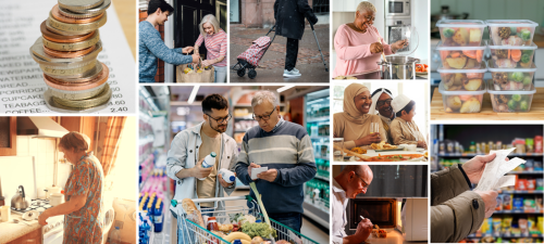 Collage of people cooking and shopping