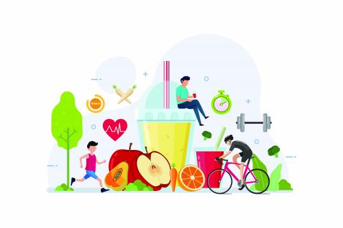 Healthy foods (fruit & veg) and activities (running & cycling)