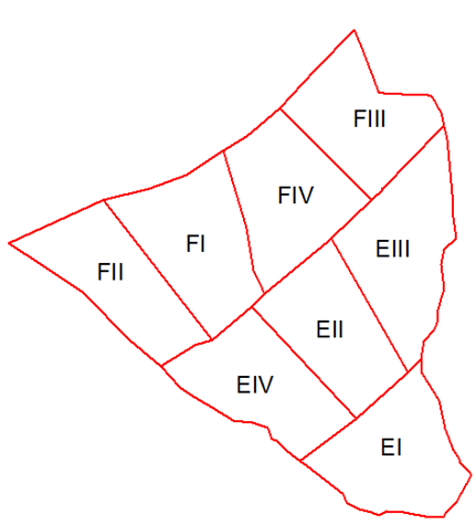 Left panel: Plot boundaries for Blocks E and F. I. High sheep grazing (2.7 sheep ha-1), II. Continued moderate sheep grazing (0.9 sheep ha-1), III. Mixed cattle and sheep grazing with the same stocking at the continued treatment, IV. No grazing. 