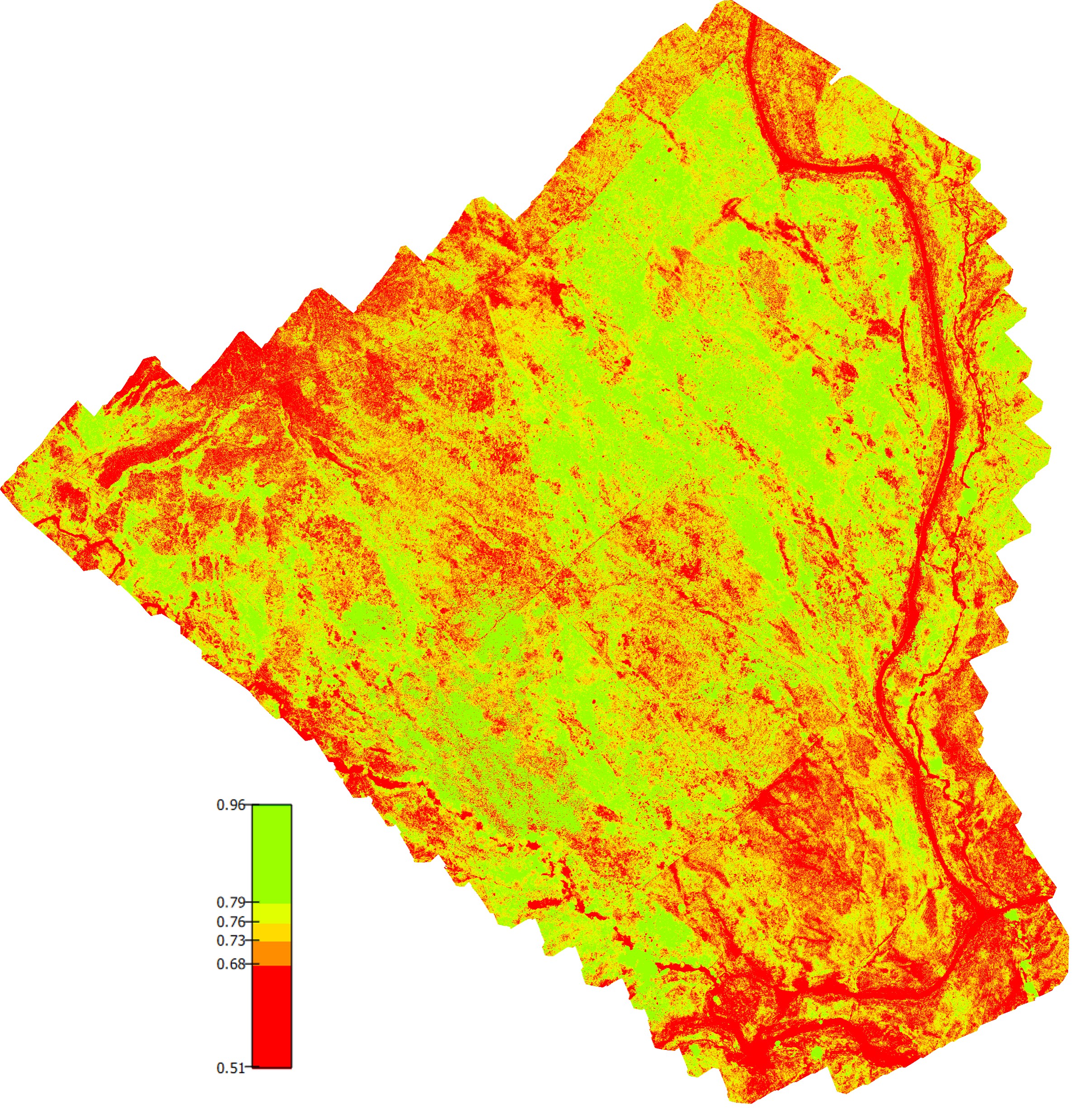 Right panel: Autumn Normalised Difference Vegetation Index. The red areas to the left and bottom are the heavily grazed plots, the winding red area to the right is the track along the east edge of the plots.
