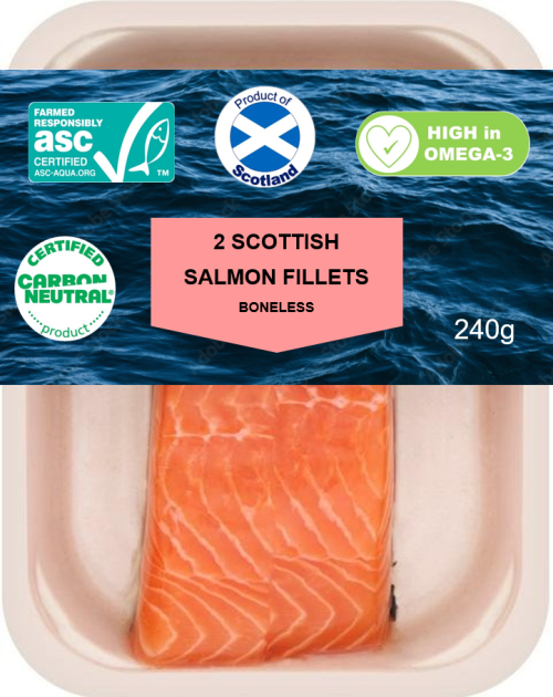 A salmon fillet in packaging with eco-labels.